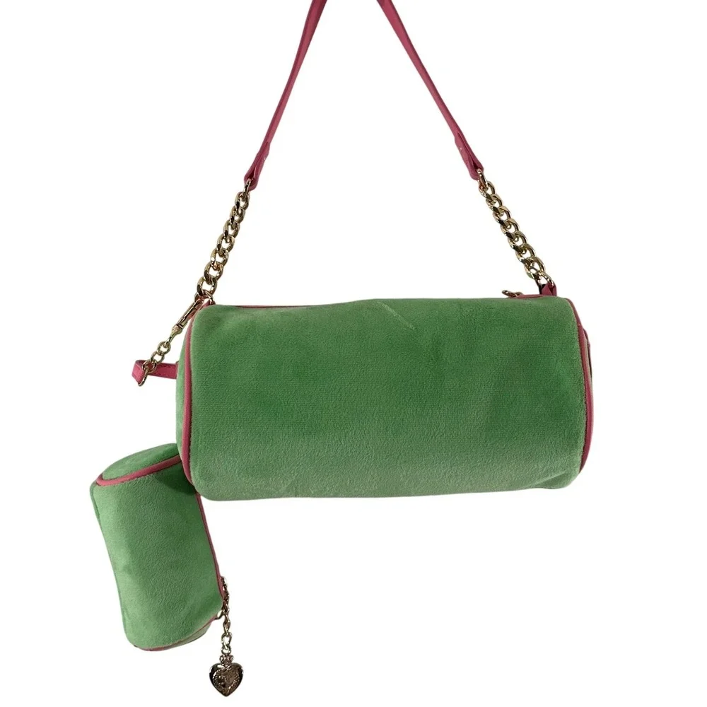 Juicy Couture Retro Green Pink Velour Scottie Dogs Barrel Satchel Bag NWT